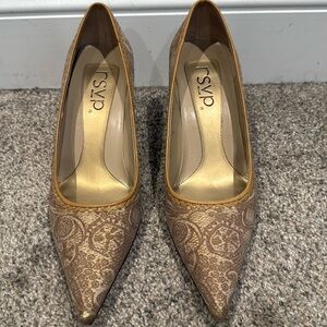 rsvp Tan and Bronze Fabric Point Lace Heels - Size 8